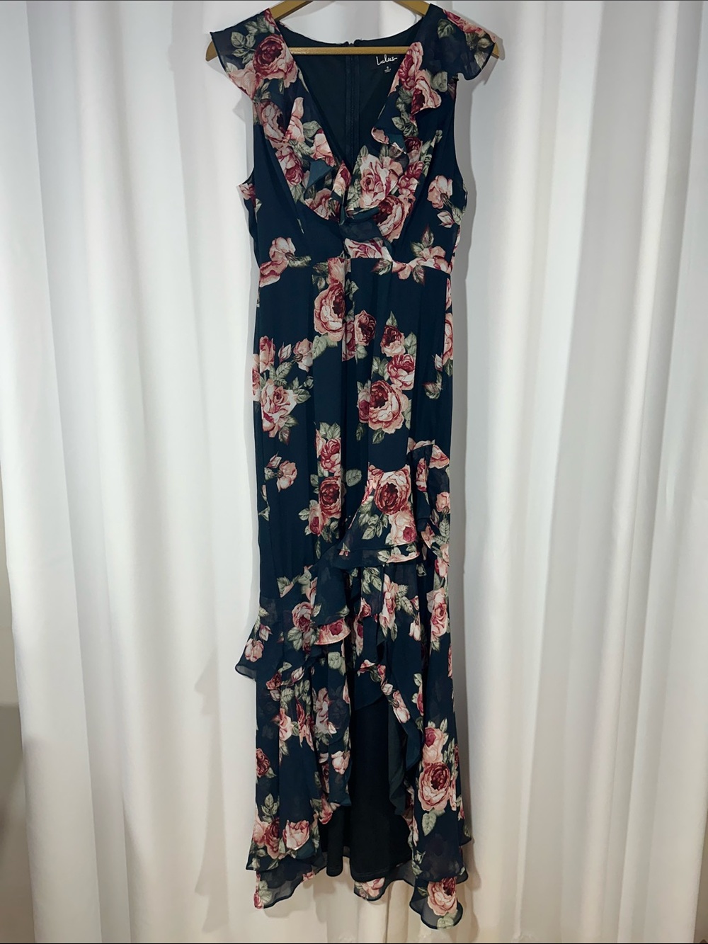 Lulus Floral Wrap Maxi Dress Small Ruffle High Low Hem Romantic